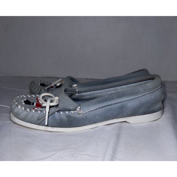 Minnetonka Thunderbird Moccasins Women’s Size 7 Blue Suede Beaded Slip On Shoes - Picture 2 of 12